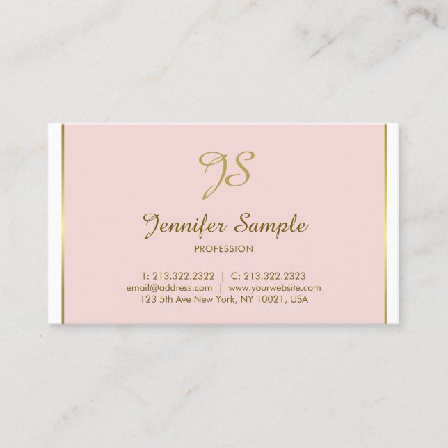 Gold Calligraphy Monogram Trendy Chic Pink Plain Business Card (Front)