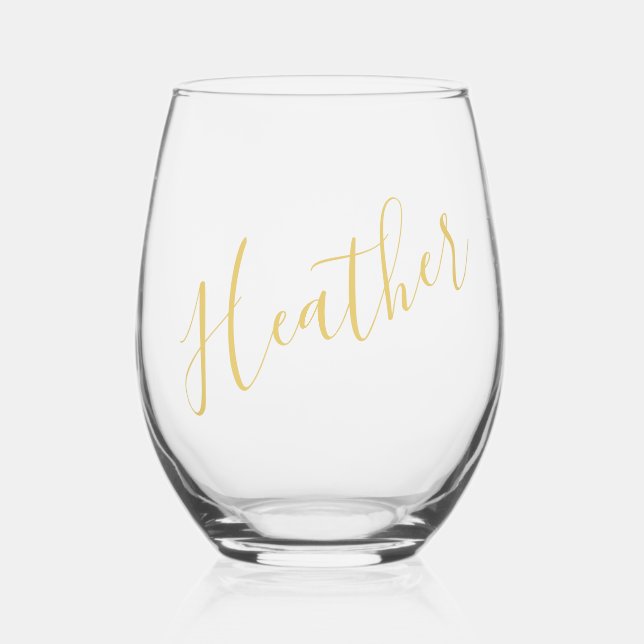 Gold calligraphy name custom bridesmaid gift stemless wine glass (Front)
