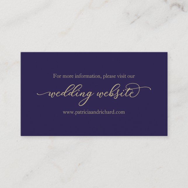 Gold Calligraphy Navy Blue Wedding Website Business Card (Front)