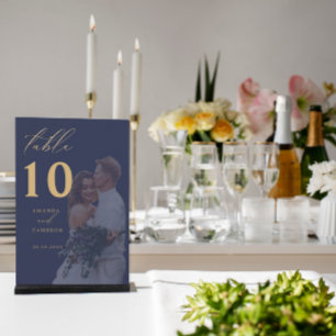 Gold Calligraphy Navy Photo Wedding Table Number
