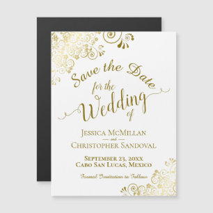 Gold Calligraphy on White Save the Date Magnet