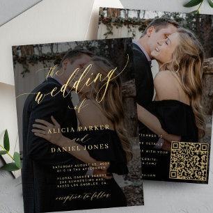 Gold calligraphy overlay photo QR CODE wedding Invitation