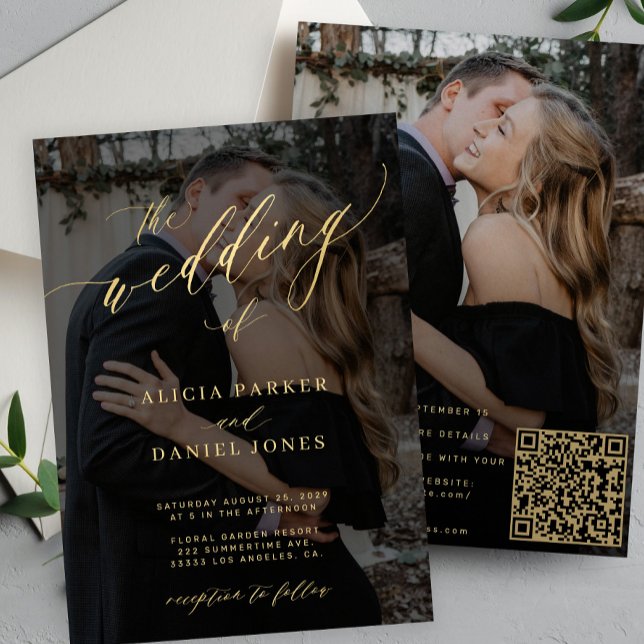 Gold calligraphy overlay photo QR CODE wedding Invitation (Creator Uploaded)
