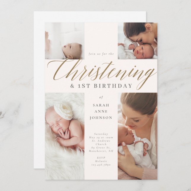 Gold Calligraphy Photo Christening & 1st Birthday  Invitation (Front/Back)