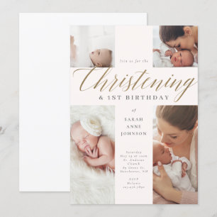 Gold Calligraphy Photo Christening & 1st Birthday  Invitation