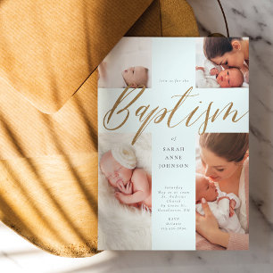 Gold Calligraphy Photo Collage Baby Baptism Cross  Invitation