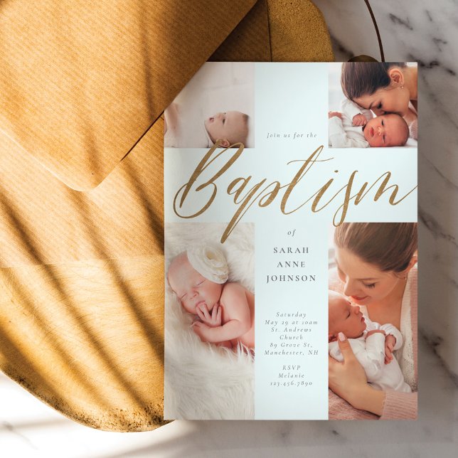 Gold Calligraphy Photo Collage Baby Baptism Cross  Invitation (Creator Uploaded)