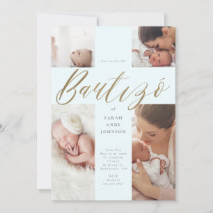 Gold Calligraphy Photo Collage Baby Bautizó Cross Invitation