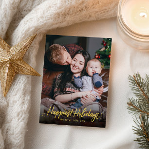 Gold Calligraphy Photo Happiest Holidays Christmas Postcard