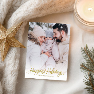 Gold Calligraphy Photo Happiest Holidays Christmas Postcard