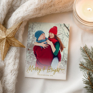Gold Calligraphy Photo Merry And Bright Christmas Postcard