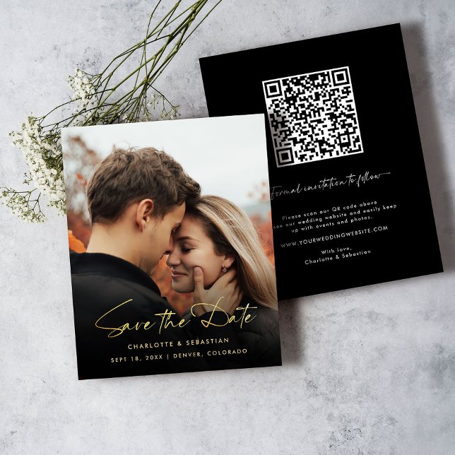 Gold Calligraphy Photo Save the Date Card (Creator Uploaded)