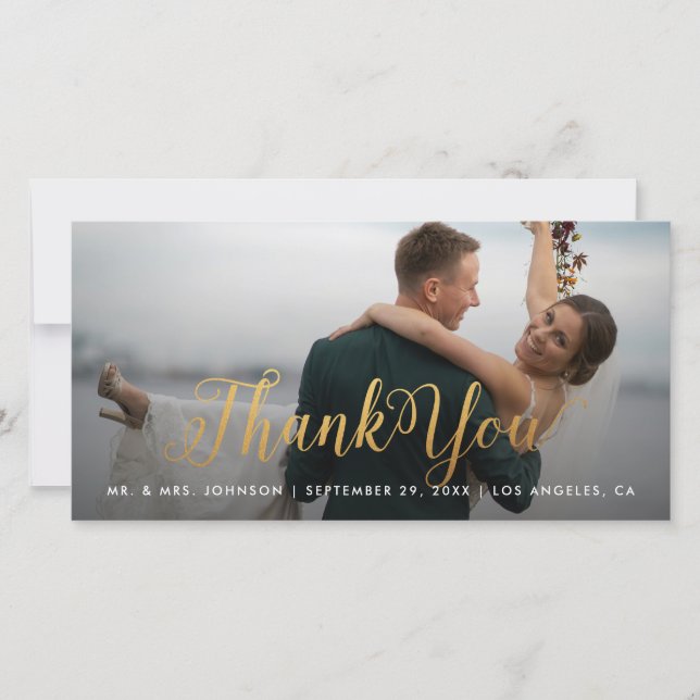 Gold Calligraphy Photo Thank You Tall Card (Front)