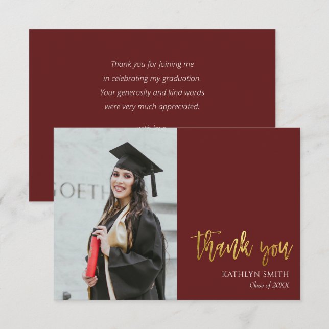 Gold Calligraphy Red Modern Photo Graduation Thank You Card (Front/Back)