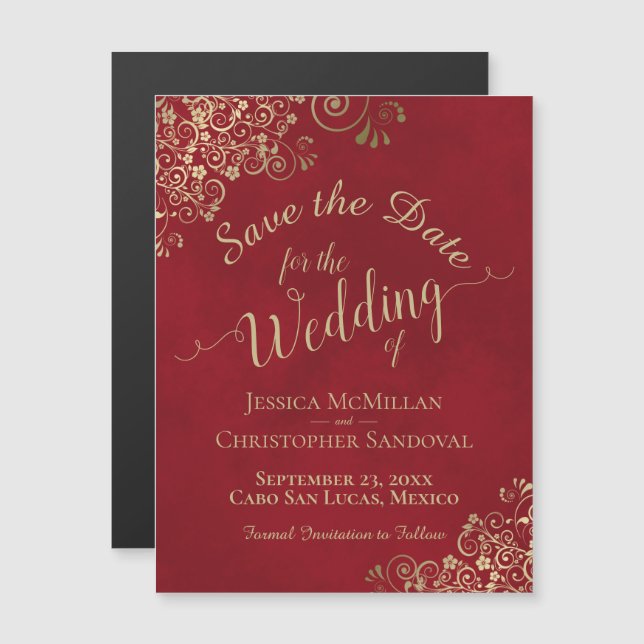 Gold Calligraphy Red Wedding Save the Date Magnet (Front/Back)