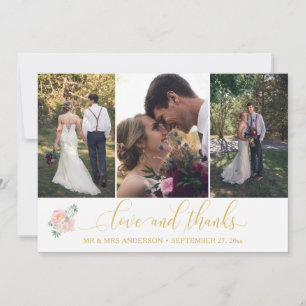 Gold Calligraphy Script 3 Photos Wedding Thank You Card