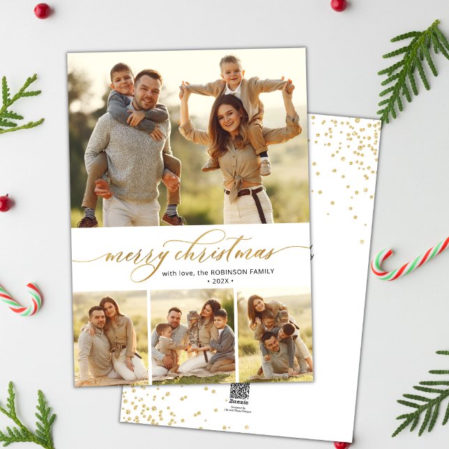 Gold Calligraphy Script 4 Photo Collage Christmas  Holiday Card (Creator Uploaded)