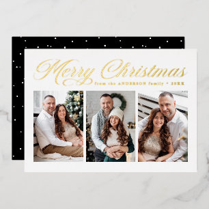 Gold Calligraphy Script Merry Christmas 3 Photo Foil Holiday Card