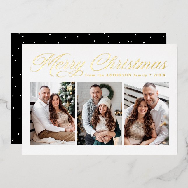 Gold Calligraphy Script Merry Christmas 3 Photo Foil Holiday Card (Front/Back)