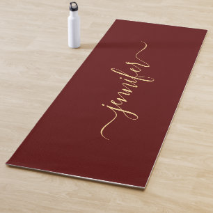 Gold Calligraphy Script Personalized Name Maroon Yoga Mat