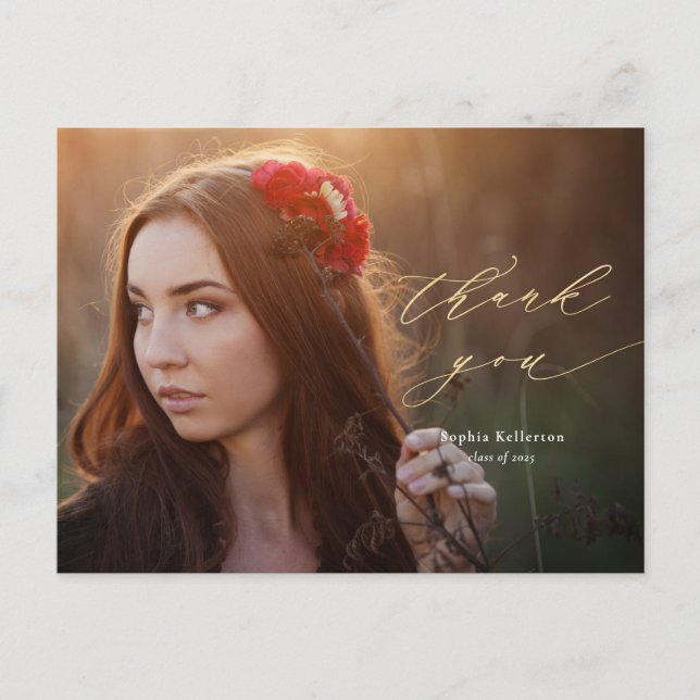 Gold Calligraphy Script Photo Graduation Thank You Postcard (Front)