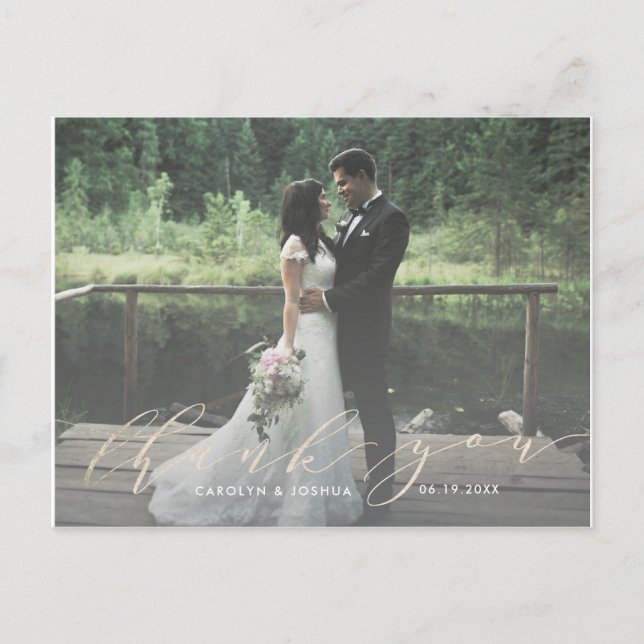 Gold Calligraphy Script Photo Thank You Faux Foil Postcard (Front)