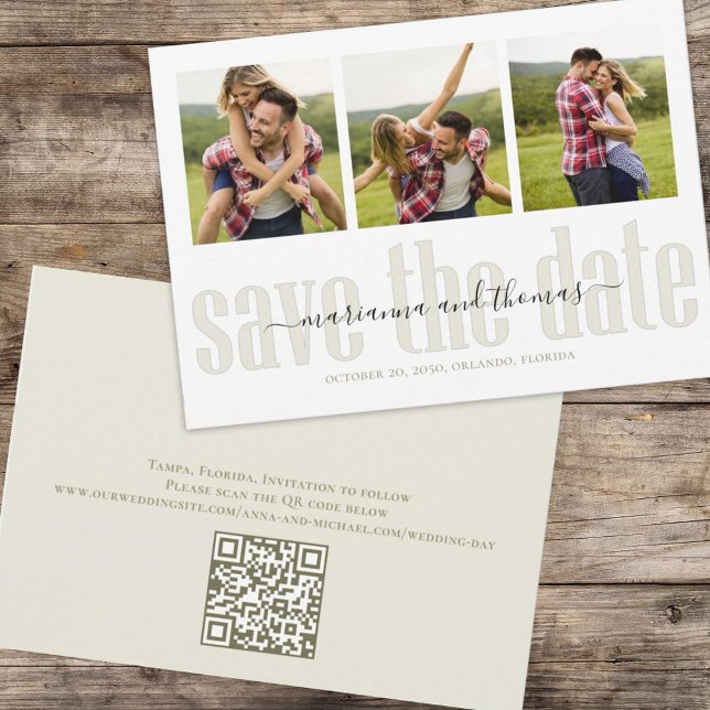 Gold Calligraphy Script Stylish Photo QR Code Save The Date (Simple wedding save the date photo card with three photo template and QR Code )