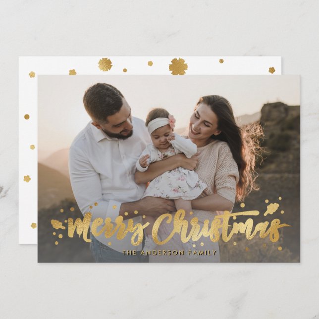 Gold Calligraphy Snowflake Photo Merry Christmas Holiday Card (Front/Back)