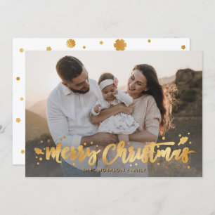Gold Calligraphy Snowflake Photo Merry Christmas Holiday Card