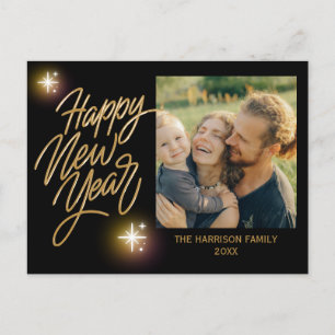 Gold Calligraphy Twinkle Star Photo New Year Black Postcard