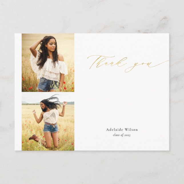 Gold Calligraphy Two Photo Graduation Thank You Postcard (Front)