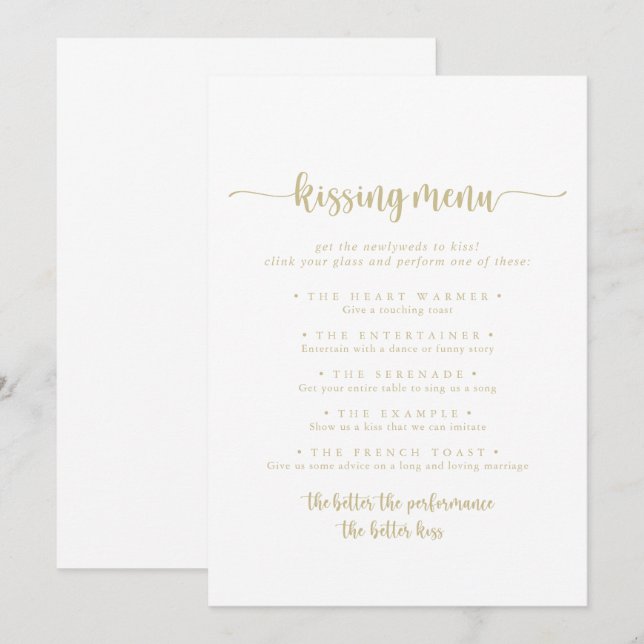 Gold Calligraphy Wedding Kissing Menu Game Card (Front/Back)