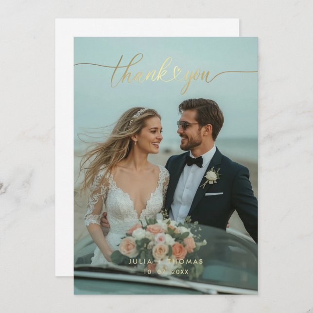 Gold Calligraphy Wedding Photo Thank You Card (Front/Back)