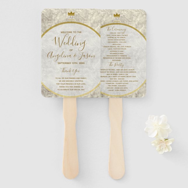 Gold Calligraphy Wedding Program Hand Fan (Front and Back)