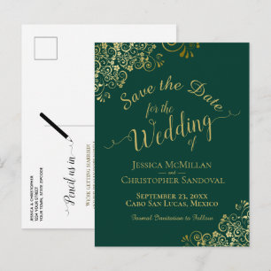 Gold Calligraphy Wedding Save the Date Emerald Announcement Postcard