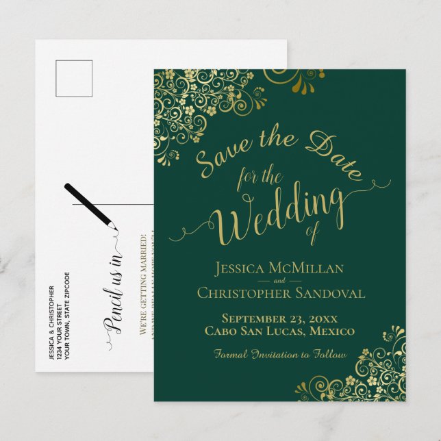 Gold Calligraphy Wedding Save the Date Emerald Announcement Postcard (Front/Back)