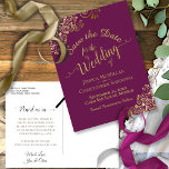 Gold Calligraphy Wedding Save the Date Magenta Announcement Postcard<br><div class="desc">This beautiful save the date postcard features a gorgeous design with a cassis purple, magenta or berry coloured background, gold script calligraphy, and frilly ornate faux foil curls and swirls in the corners. The back has room for a custom note with your website and other information. Beautiful way to let...</div>
