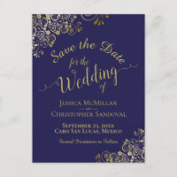 Gold Calligraphy Wedding Save the Date Navy Blue