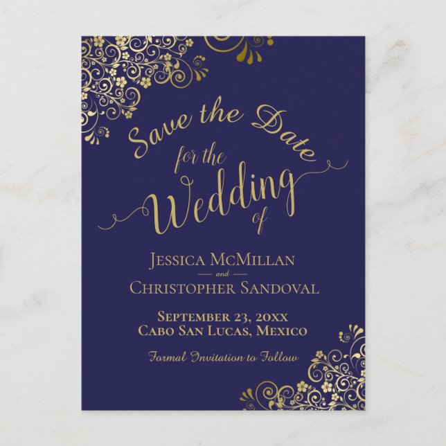 Gold Calligraphy Wedding Save the Date Navy Blue Announcement Postcard (Front)