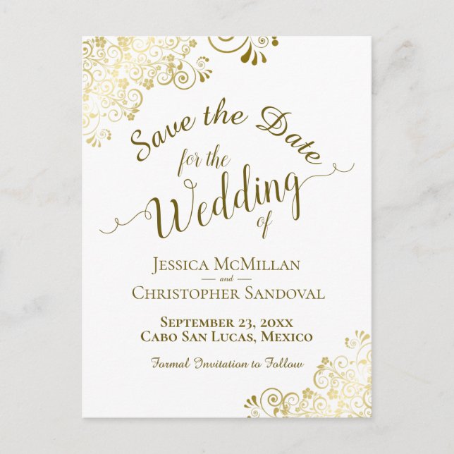 Gold Calligraphy Wedding Save the Date White Announcement Postcard (Front)