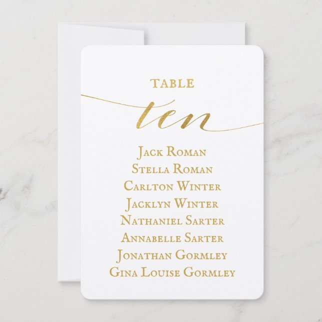 Gold Calligraphy Wedding Seating Chart Ten Card (Front)