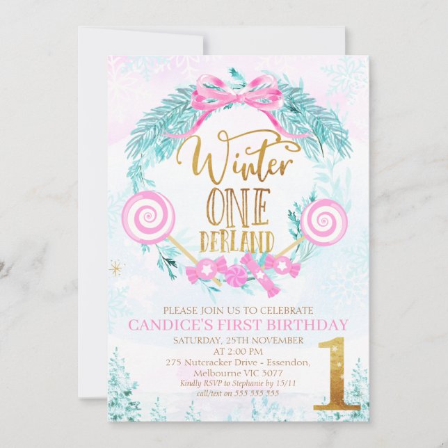 Gold Calligraphy Winter One-derland Birthday Invit Invitation (Front)