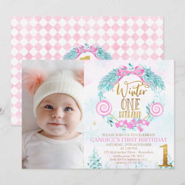 Gold Calligraphy Winter Onederland Photo Birthday  Invitation (Front/Back)