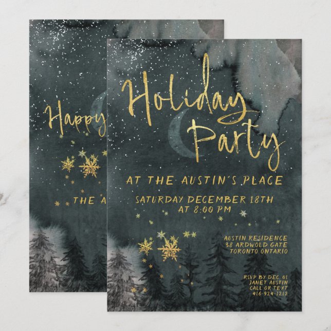 Gold Calligraphy Winter Woodland Holiday Party Invitation (Front/Back)