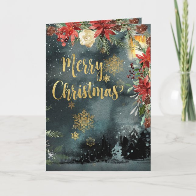 Gold Calligraphy Woodland Floral Holiday Card (Front)