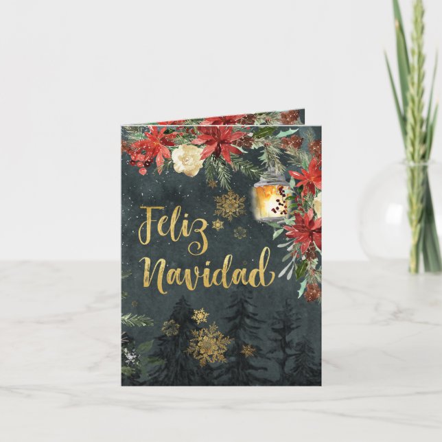 Gold Calligraphy Woodland Forest Spanish Navidad  Holiday Card (Front)