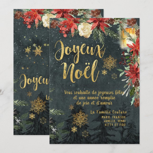 Gold Calligraphy Woodland French Joyeux Noel Card (Front/Back)