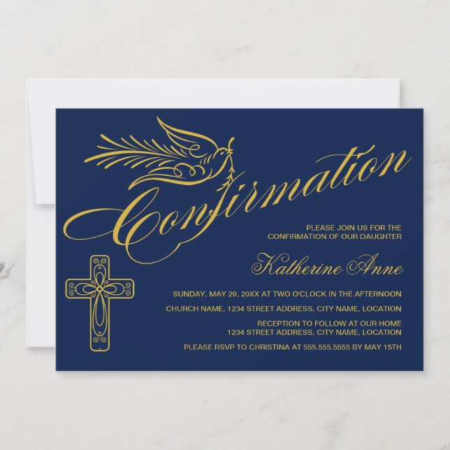 Gold Calligrigraphy Confirmation Cross and Dove Invitation (Front)