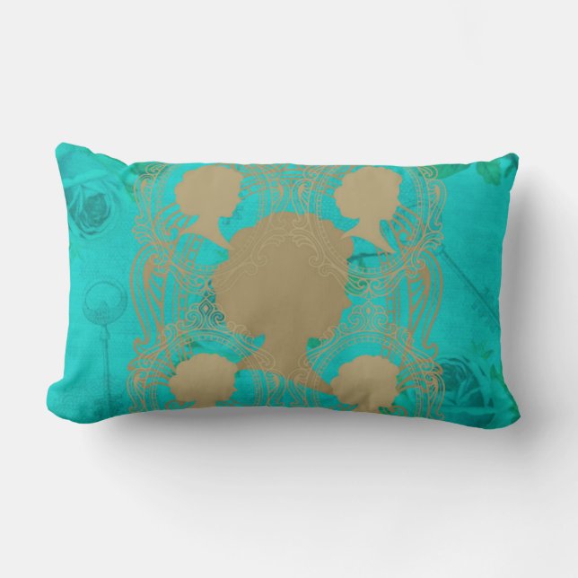 Gold CameoLadies Turquoise Roses&Keys LumbarPillow Lumbar Cushion (Front)