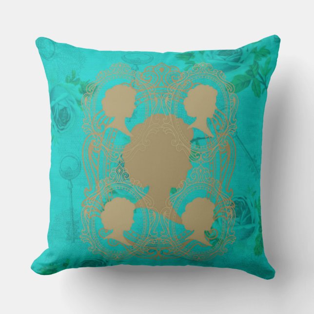 Gold CameoLadies Turquoise Roses&Keys SquarePillow Cushion (Front)